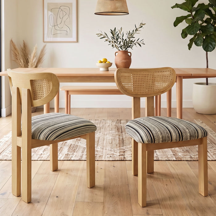 Striped Upholstered Rattan Back Dining Chairs (Set of 2)