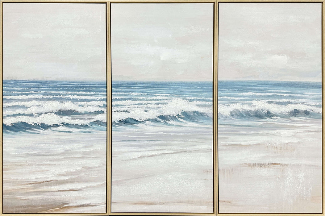 Shoreline Cadence - 59 X 39 - Hand-Embellished Canvas Triptych In Frame - Blue