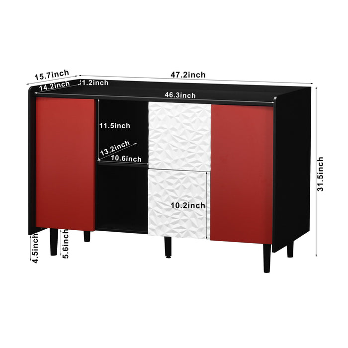 Modern Sideboard Buffet Cabinet With Red Doors And Unique Panel Styling