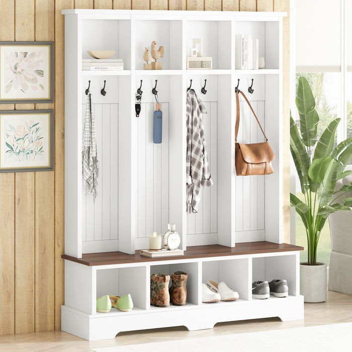 Hall Tree With 8 Hooks, Practical Entryway Bench With Open Compartments