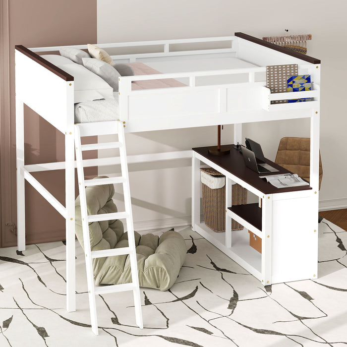 Queen Size Loft Bed With Desk, Open Shelf, Storage Box And USB Charging Station - White