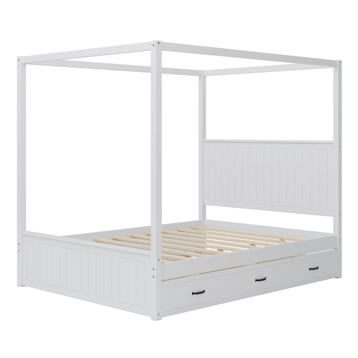 Canopy Platform Bed With Trundle And 3 Storage Drawers, 4 Post Solid Bed Frame With Headboard