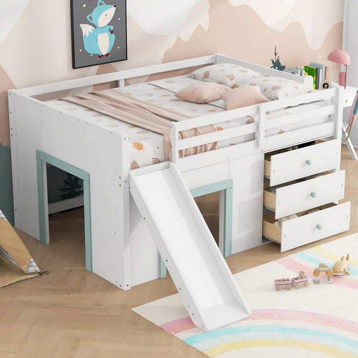 Modern Low Loft Bed With Slide, 3 Storage Drawers, And 2 Doors