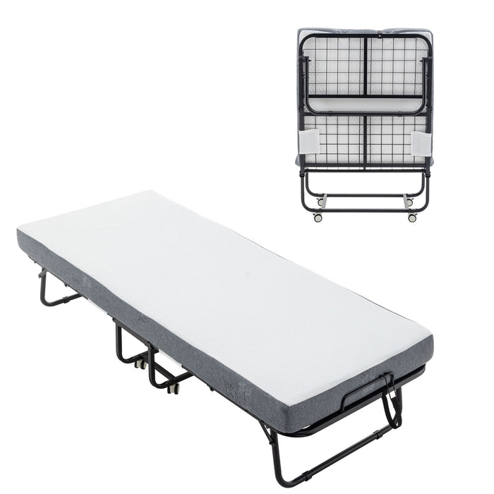 Foldable Metal Frame Bed For Guest With Memory Foam Mattress On Wheels, Saving Space Rollaway Bed