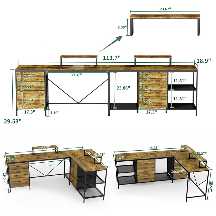Industrial L Shaped Computer Desk With Power Outlets & USB-C, 6 Fabric Drawers, 3 Open Shelves, Movable Monitor Stands - Brown