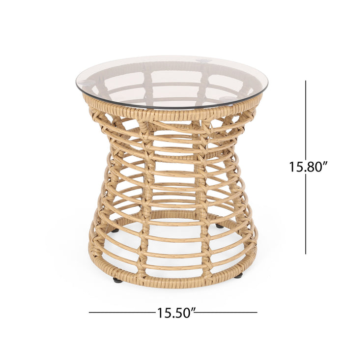 San Pedro - Boho Style Side Table With Tempered Glass Top - Light Brown Rattan