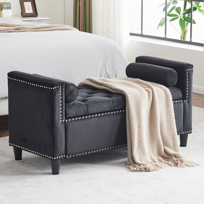 Queen Velvet Button Bedside Storage Bench With Armrests, Nailhead Trim