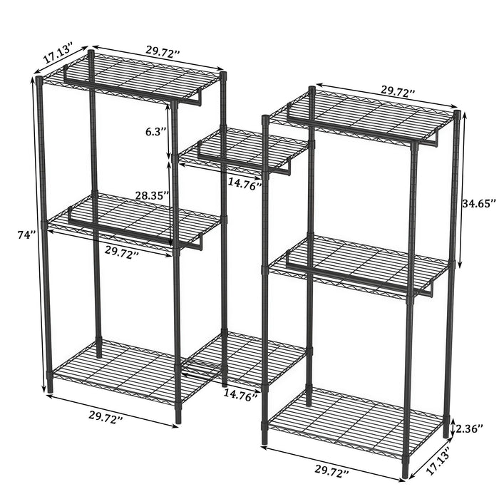 Heavy Duty Garment Rack With 8 Adjustable Wire Shelves And 5 Clothes Rails, Freestanding Closet Organizer Metal - Black