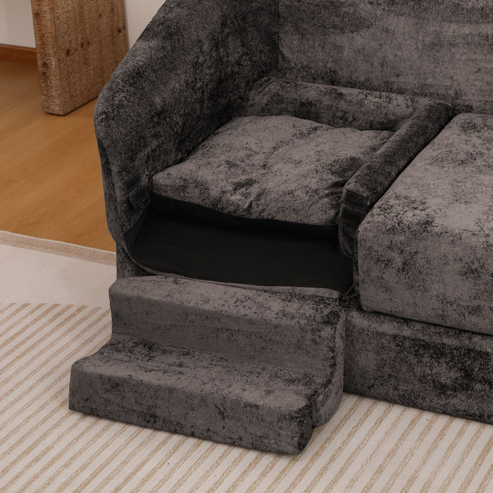 3 Seater Sofa With Built In Pet Bed Nook, Curved Design And 2 Throw Pillows