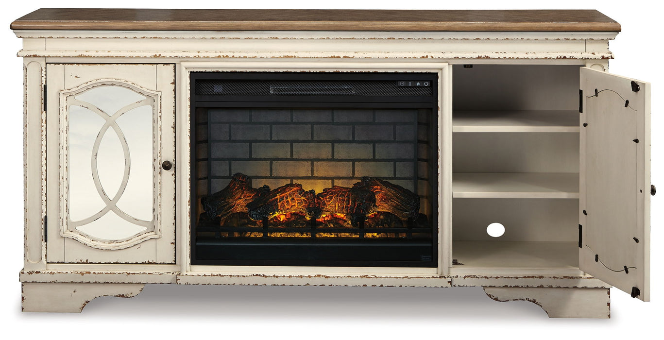 Realyn - Blanco desconchado - 2 piezas. - Soporte para TV de 74" con chimenea eléctrica por infrarrojos