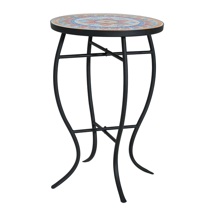 Outdoor Round Side Table With Mosaic Style Top And Curved Iron Legs