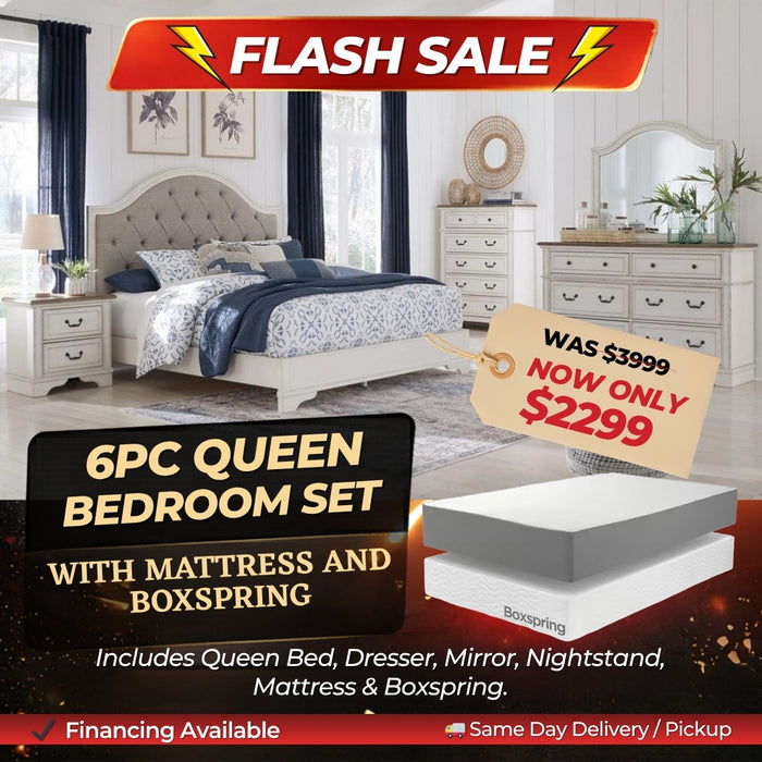 6PC QUEEN BEDROOM SET WITH MATTRESS AND BOXSPRING