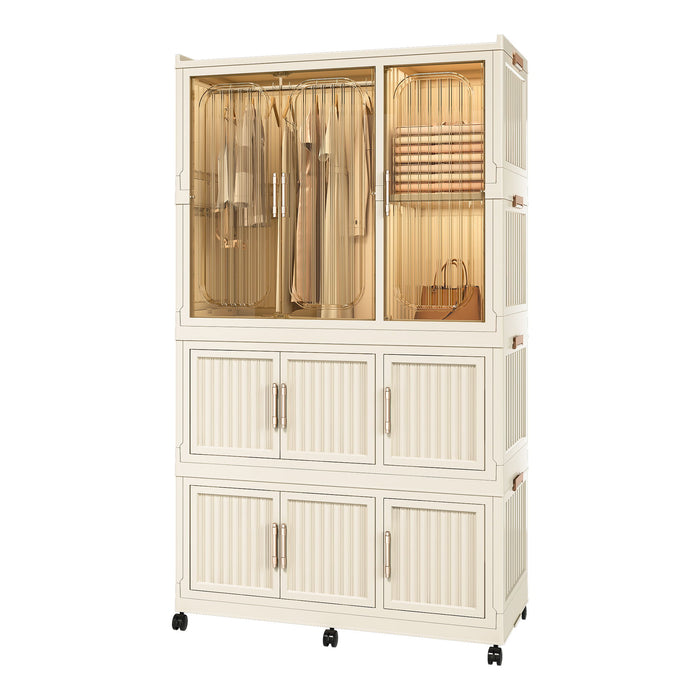 Portable Wardrobe Closet Storage Organizer With 9 Magnetic Doors - Cream White