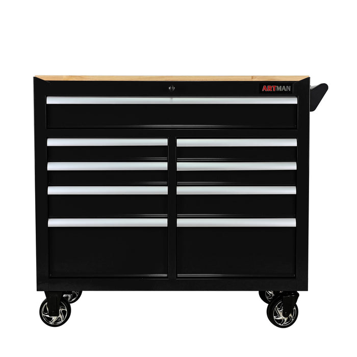9 Drawer Multifunctional Steel Tool Cart With Wheels And Wooden Top