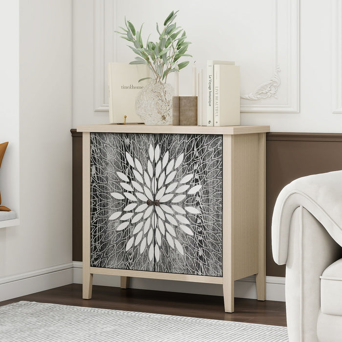 2 Door Carved Storage Cabinet With Adjustable Shelf, Accent Furniture