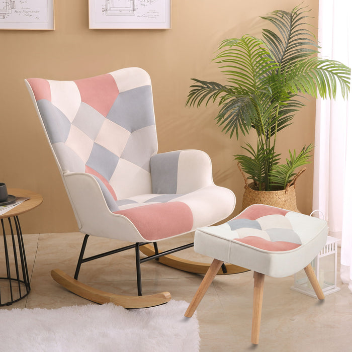 Mid Century Rocking Chair With Ottoman Patchwork Linen Wood Legs Design Living Room And Bedroom - Colorful