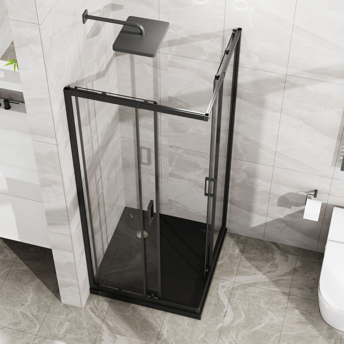 Corner Sliding Shower Door And Shower Base Combo Kit No Drain Kit - Matte Black