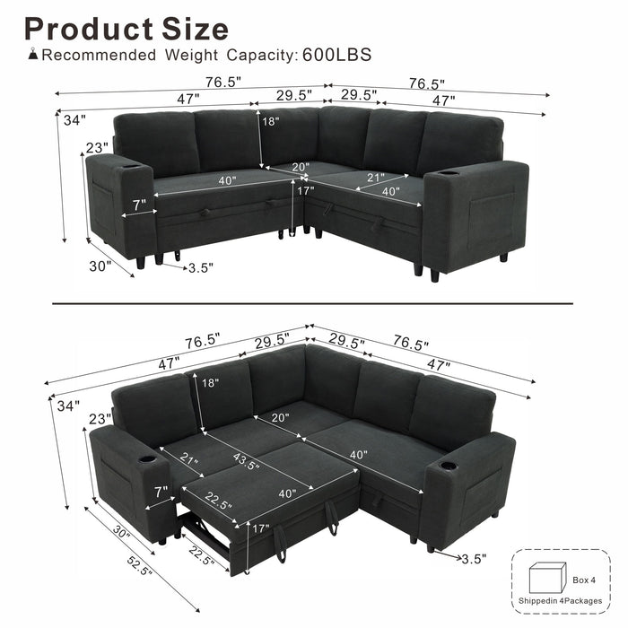 Upholstered L - Shape Sectional Sofa Bed With Pull Out Sleeper And Storage