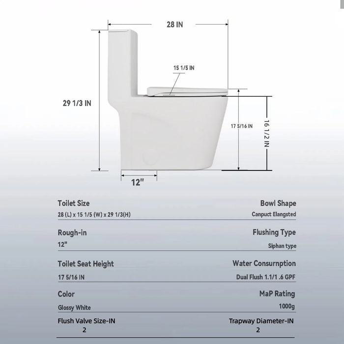 Glossy Tornado Flush 1 Piece Toilet With Dual Flush, Soft Close Seat - Gloss White