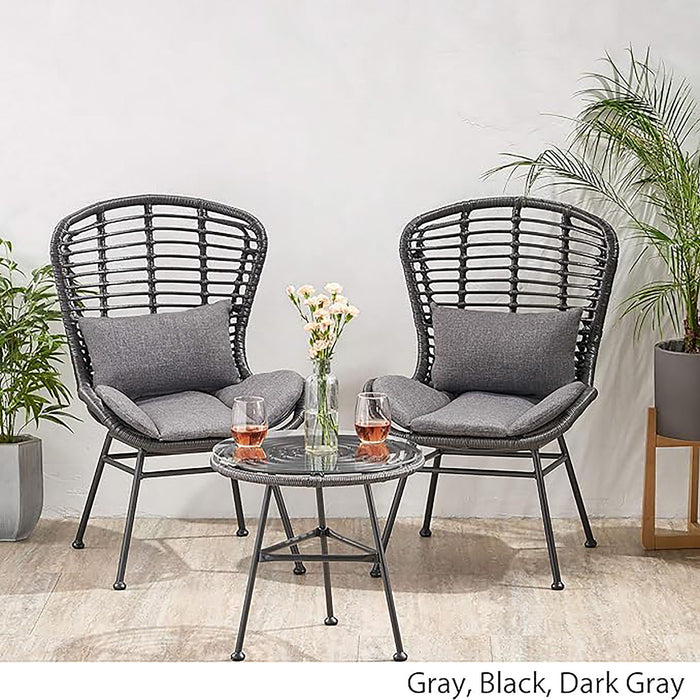Cowan - Outdoor Wicker And Glass 3 Piece Chat Set With Cushions - Gray