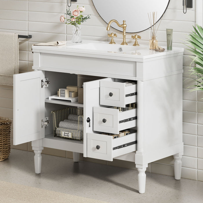 Bathroom Vanity With Ceramic Sink, 2 Doors 3 Drawers, Soft Close Design