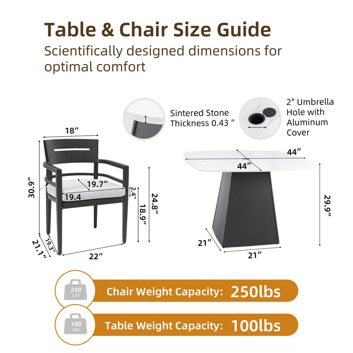 Outdoor Patio Dining Set, Squircle Dining Table, Dining Chairs With Sunbrella Cushions