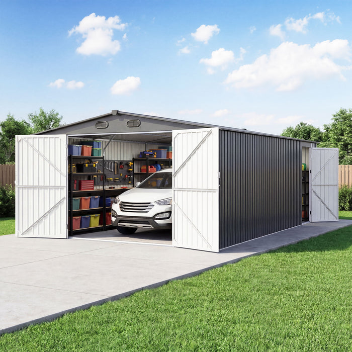 Outdoor Storage Shed, Metal Garden Shed Backyard Utility Tool House Building With 2 Doors And 4 Vents For Car, Truck, Bike, Garbage Can, Tool, Lawnmower