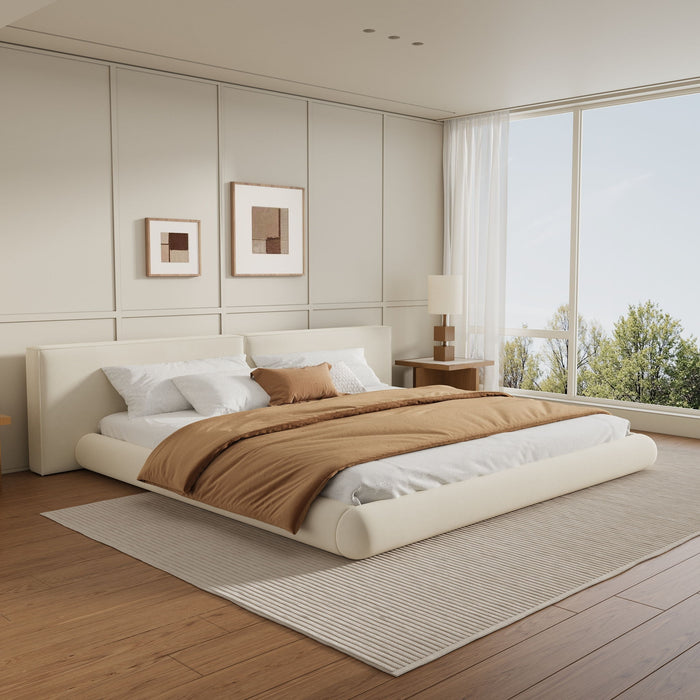 Queen Size Low Profile Platform Bed With Rounded Edges - Cream