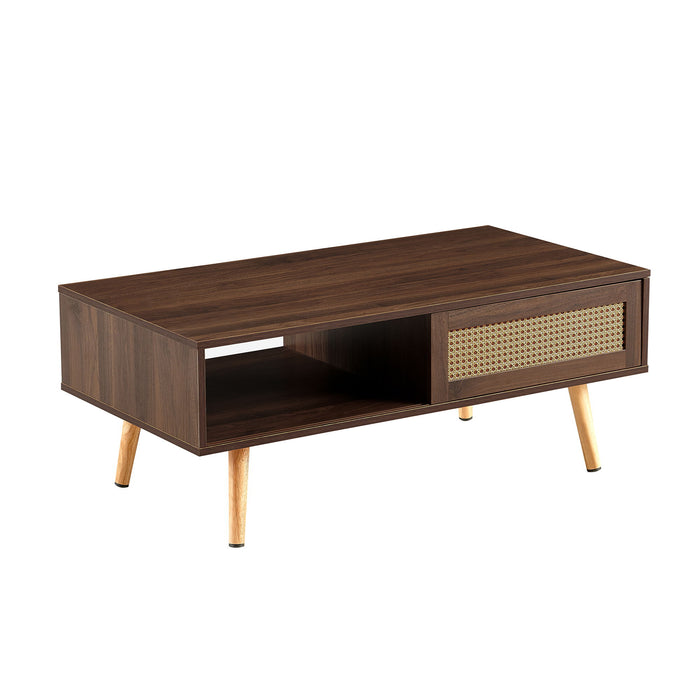 41.34" Rattan Coffee Table, Sliding Door For Storage, Solid Wood Legs, Modern Table For Living Room