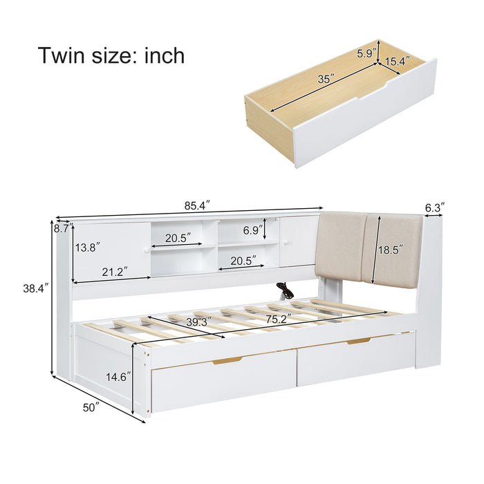 L-Shaped Daybed Corner Bed Under Bed Drawers With Storage Bookcase And Upholstered Headboard And USB Charging Ports
