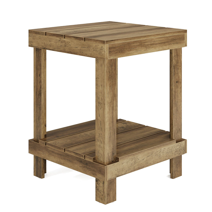 2 Tier End Table With Open Shelves, Compact Square Side Table For Living Room - Natural Wood