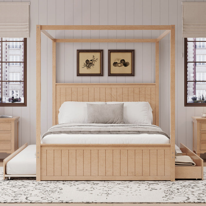Canopy Platform Bed With Trundle And 3 Storage Drawers, 4 Post Solid Bed Frame With Headboard