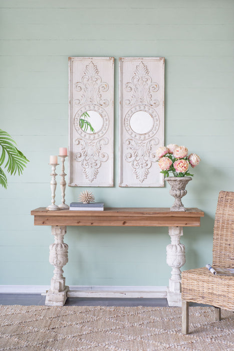 Large Wooden Wall Art Panels With Distressed Round Mirror Accents (Set of 2) - White