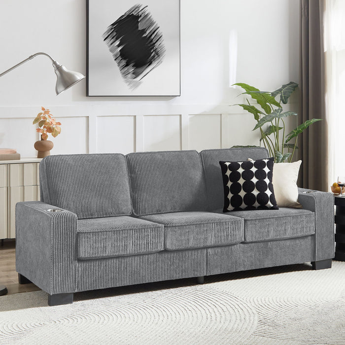 Modern Corduroy Fabric Sofa, 3 Seater Compressed Couch With Cup Holders