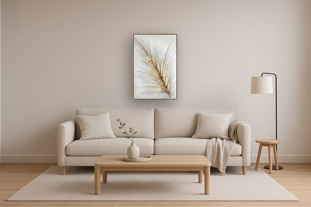 Hand Painted Textured Canvas With Foil In Frame Feather In Gold - Gold