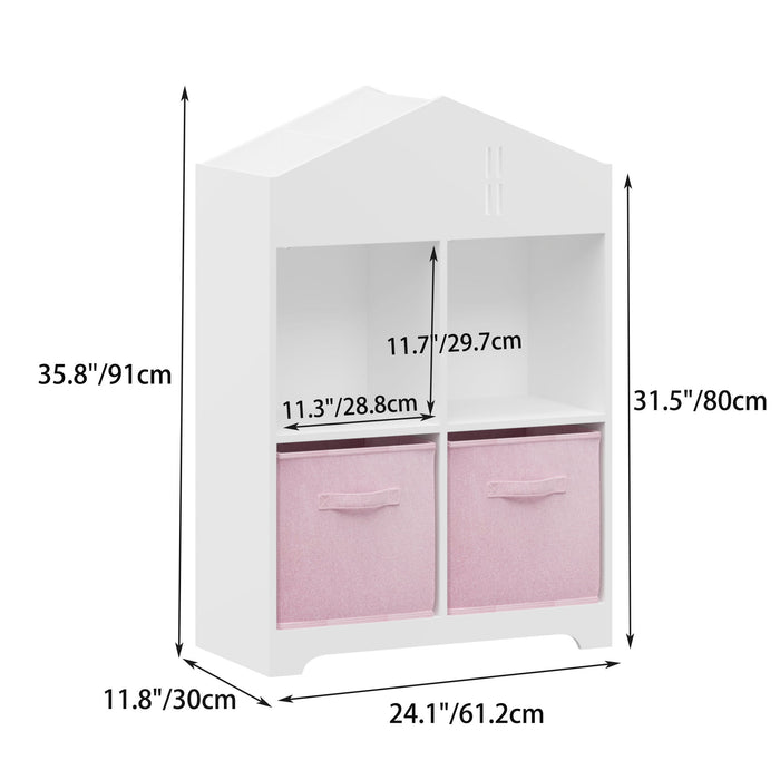 Dollhouse Bookcase With Storage, 2 Tier Display Organizer For Toddlers - White / Pink