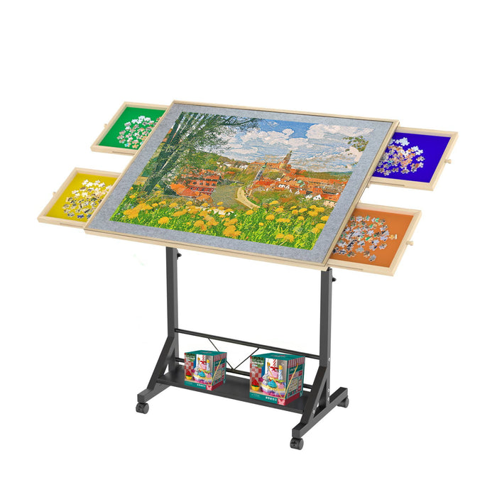 360 Degree Tilting Wooden Puzzle Table With 1500 Pieces, Rolling Design With Adjustable Height, Drawer, And Protective Cover - Black / Natural Wood