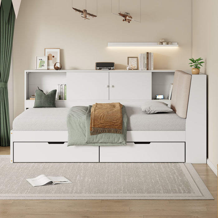 L-Shaped Daybed Corner Bed Under Bed Drawers With Storage Bookcase And Upholstered Headboard And USB Charging Ports