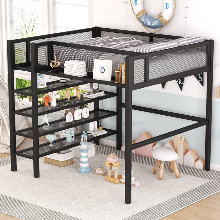 Loft Bed With 4 Tier Shelves And Storage