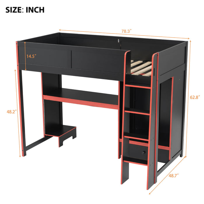 Gaming Loft Bed With Built In Desk, Wardrobe, LED Lighting And Drawer