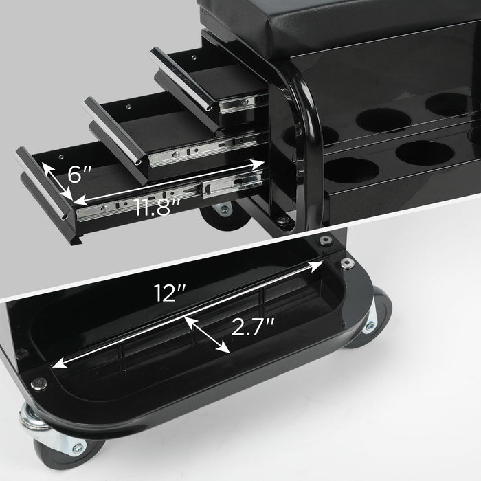 Rolling Creeper Garage Seat With 3 Built In Drawers, Rolling Tool Chest For Shop Or Garage - Black