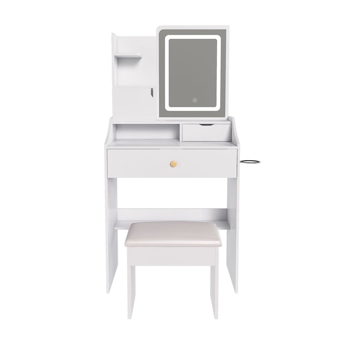 3 Color LED Vanity Mirror With Stool, 2 Drawers & 5 Storage Cabinets, Adjustable Lighting - White