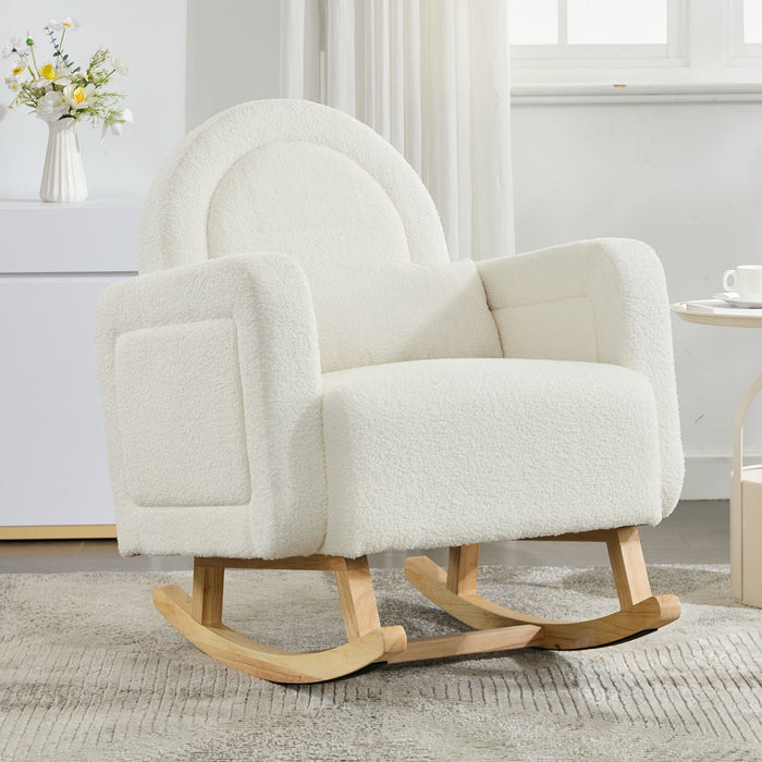Accent Rocking Chair With Curved Back & Pillow, Base, Ultimate Comfort For Living Room Or Nursery - Cream White