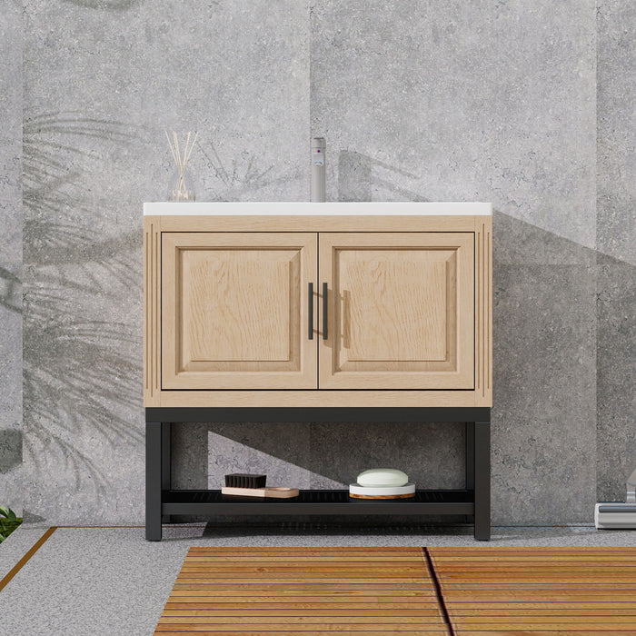 Modern Freestanding Bathroom Vanity With Ceramic Sink, Hot And Cold Faucet, Storage Cabinet & Open Shelf