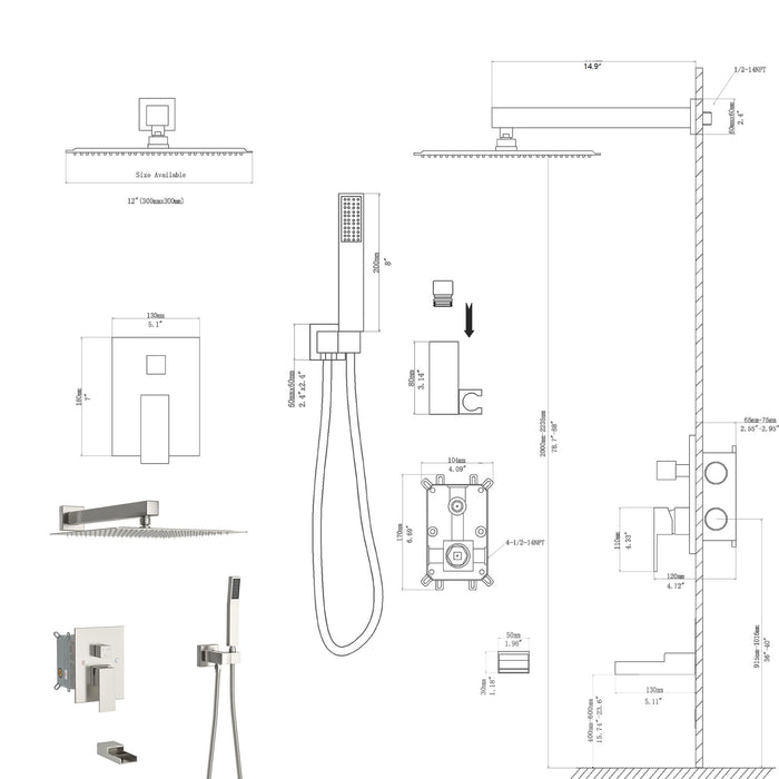 12" Ceiling Mount Square Shower System With Waterfall Tub Spout And Rough In Valve