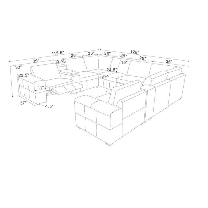Upholstered Large Arms Sectional With Recliner Seats