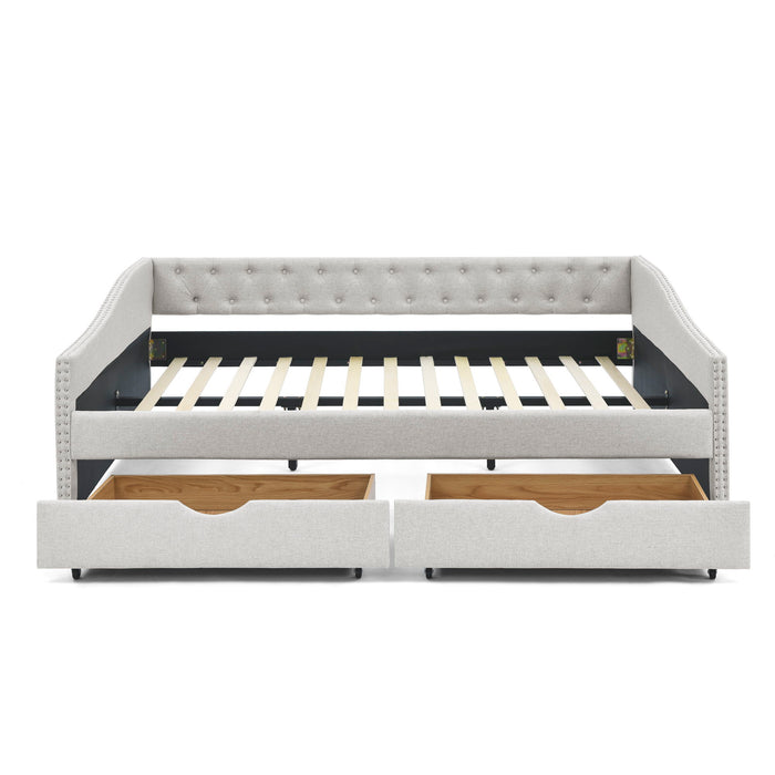 Upholstered Tufted Daybed With 2 Drawers, Waved Arms