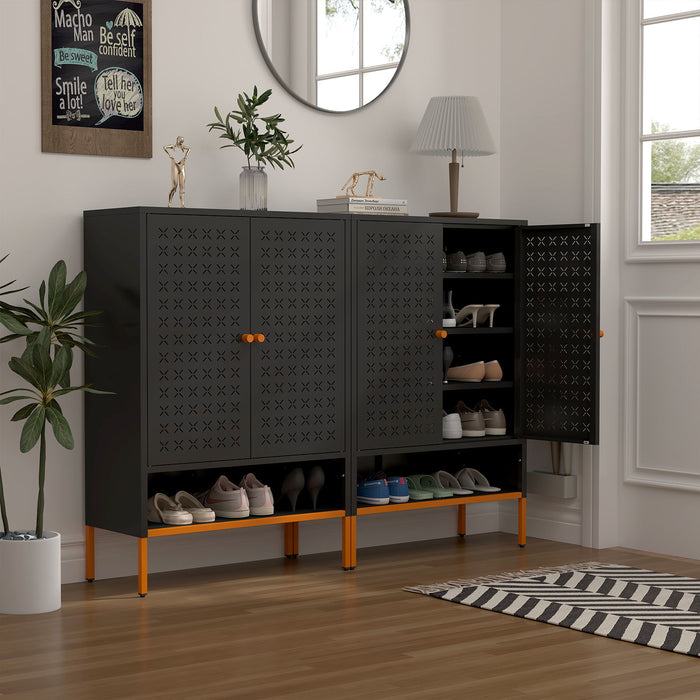 Grid Double Door Shoe Cabinet With Adjustable Compartments And Moisture-Proof Design In White Metal