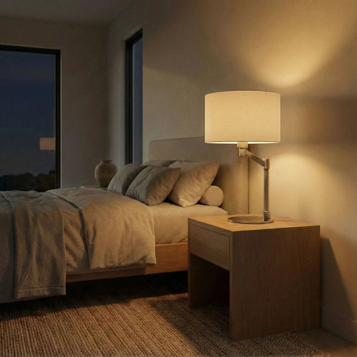 Horizon - Table Lamp With On / Off Switch Curved Base Linen Shade - Brushed Nickel / Silver / White