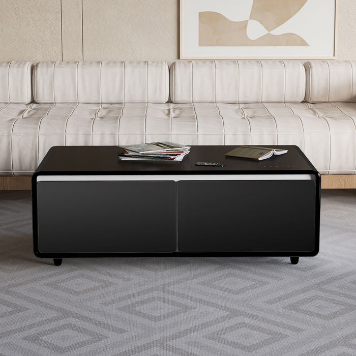 Modern Smart Coffee Table With Built-In Fridge, tooth Speaker, Wireless Charging Module, Touch Control Panel, Power Socket, USB Interface, Outlet Protection, Atmosphere Light